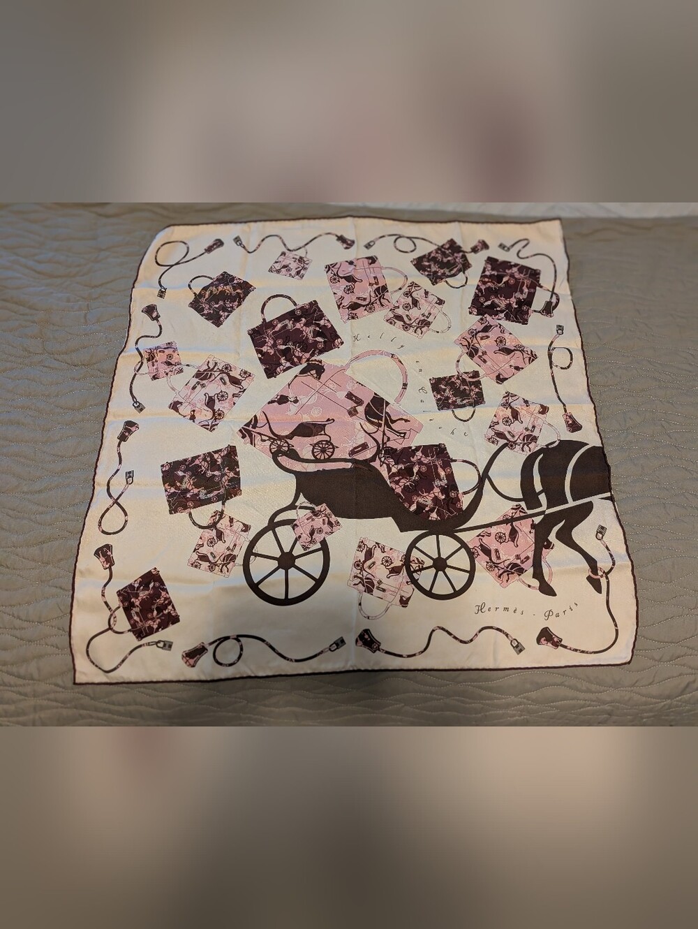 Hermès Kelly en Calèche Silk Twill Square Scarf Ivory Pink Brown - Picture 2 of 6